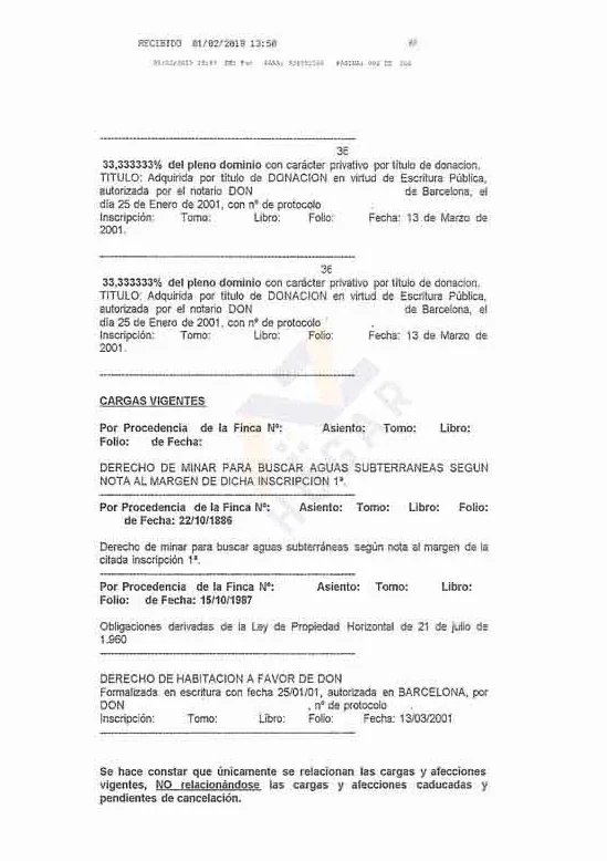 Segunda hoja de una nota simple de ejemplo donde se puede leer la titularidad y cargas.